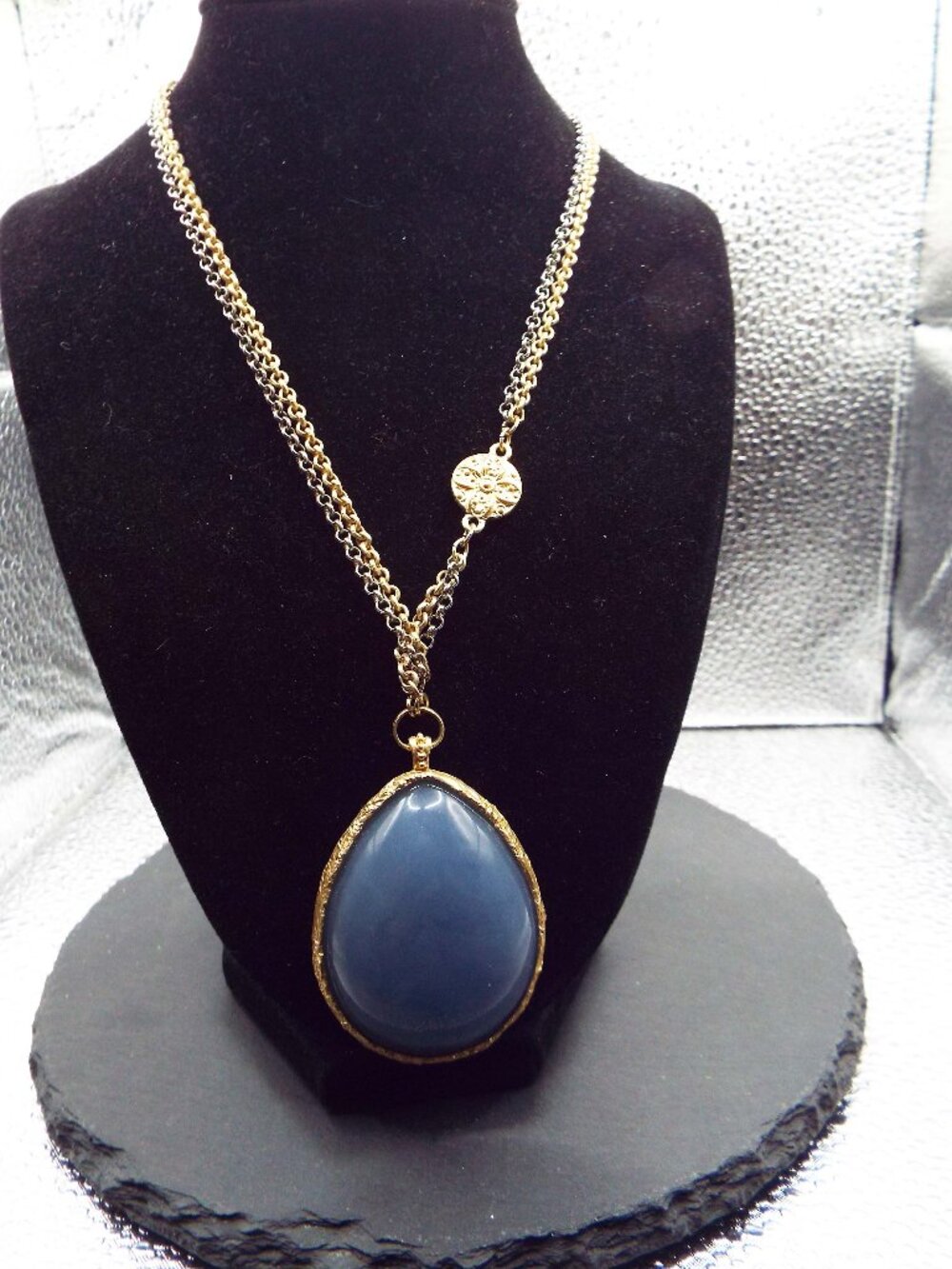 CHICOS LARGE FAUX CHAROITE TEARDROP SILVERY GOLDEN CHAIN NECKLACE 19